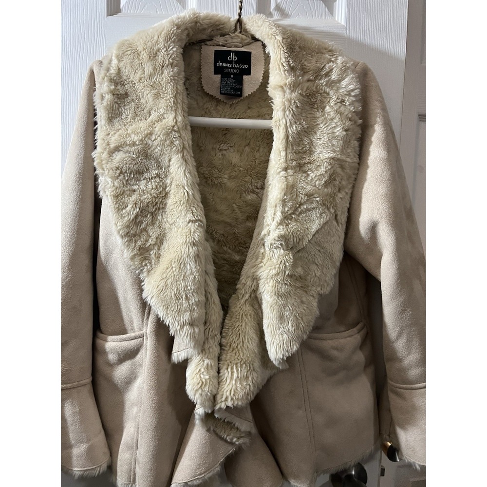 DENNIS‎ BASSO M Faux Suede/Fur Lined Boho Coat Beige Cascade Ruffle Front QVC
